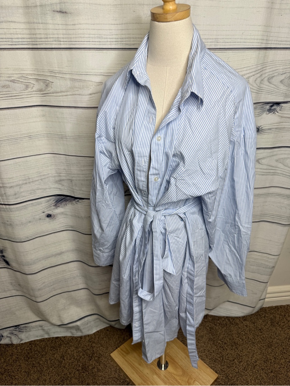 Abercrombie & Fitch Light Blue and White Pinstripe Shirt Trench Dress